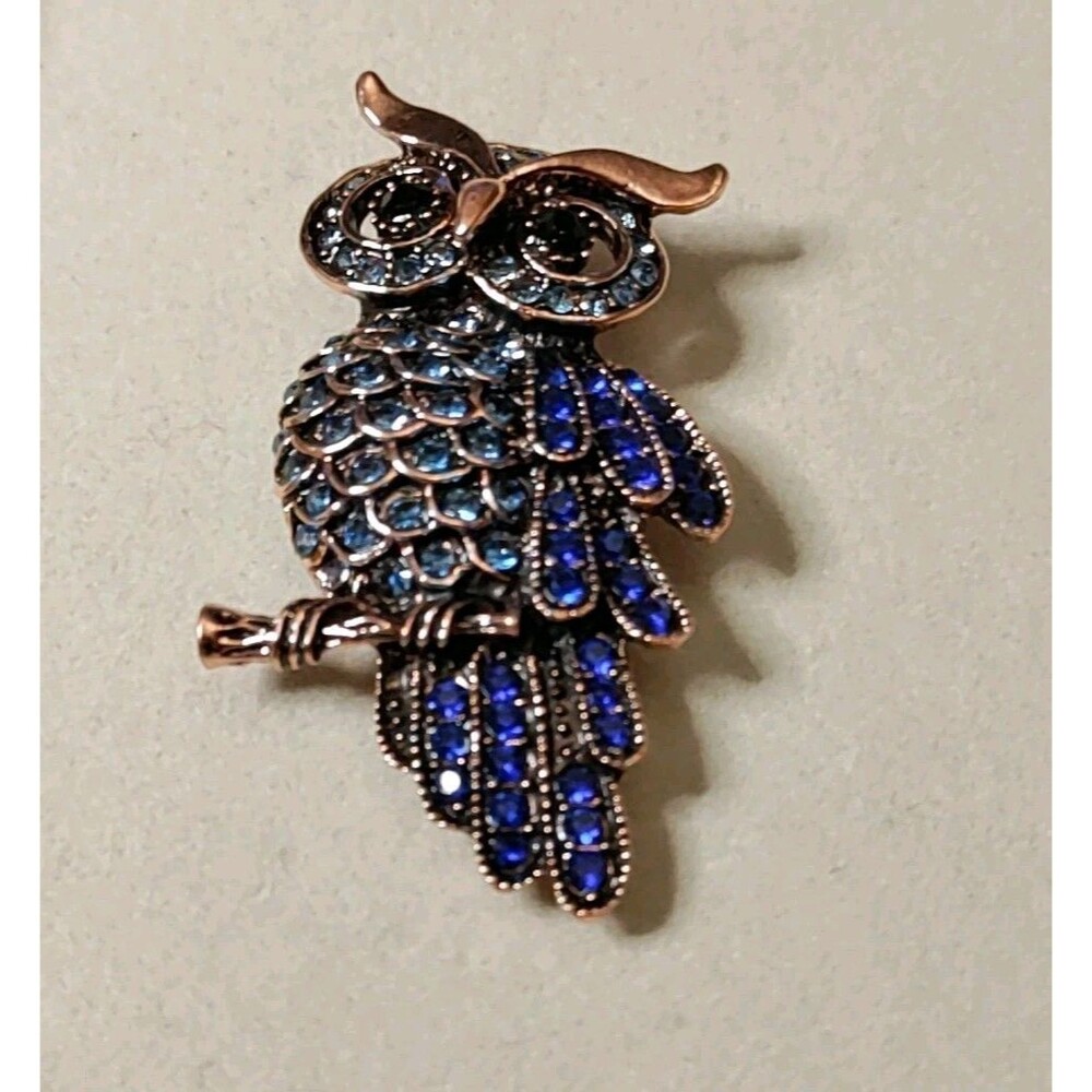 Gold Color & Blue Rhinestone Owl Brooch  1" Wide X 1.5" Long